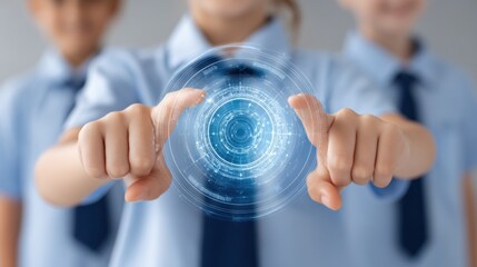 Young students interact with digital technology interface, showcasing innovation and future learning in classroom environment with virtual elements and collaboration