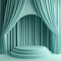 Teal stage curtains backdrop, product display, presentation