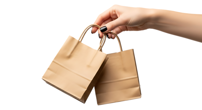 Female hand holding two small paper shopping bags isolated on transparent background