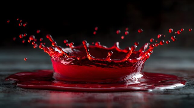 Red liquid creates a splash crown on dark surface. - Powered by Adobe