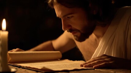 Introspective Scholar Writing Notes with Candlelight in Dark Room - Powered by Adobe