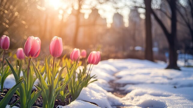 Pale pink tulips push through the last snow of winter in a quiet urban park. Patches of white still cover the ground,