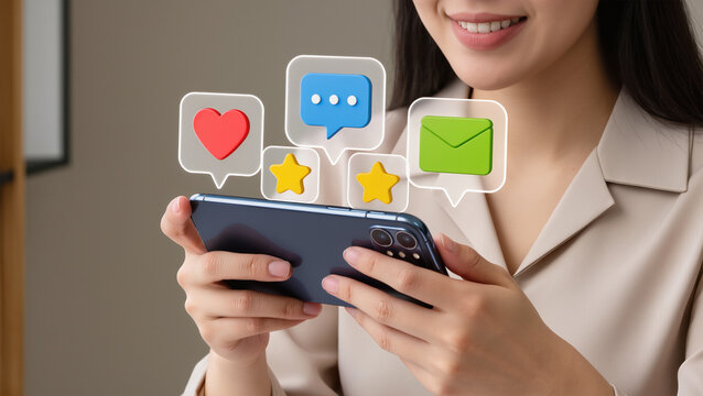 hands of woman using smart phone with notification icons of love, like, message, comment, email, address, shopping, star above smartphone screen, Social, media, Marketing concept