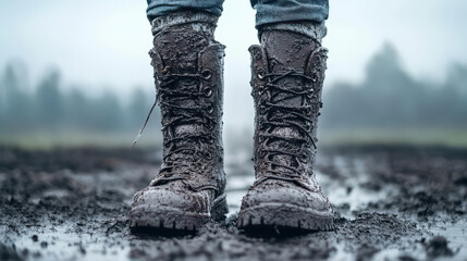Sturdy muddy boots trek through challenging wet terrain, showcasing resilience and adventure for outdoor explorers and rugged lifestyles.