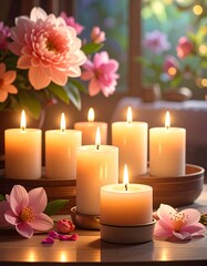 Serene scene Glowing candles, soft pink blooms, and bokeh create a tranquil and inviting ambiance. Natural light gently illuminates the setting