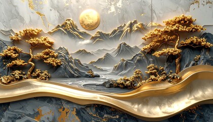 Serene scene, gold-touched, a mountain vista with a bright moon. Gold-leafed trees, and detailed grey-white marble background