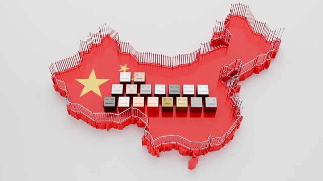 The 17 rare earth elements as cubes with their atomic numbers, symbol and names on the map of China with a fence around (export restrictions). Scandium Yttrium Neodym Lanthan Terbium Lutetium Holmium