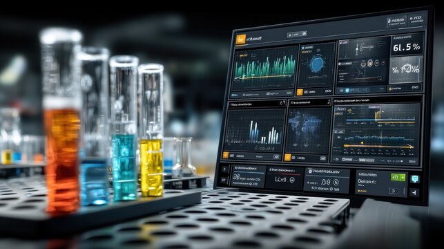A modern laboratory setup featuring colorful test tubes and a high-tech monitor displaying various data analytics and graphs. - Powered by Adobe