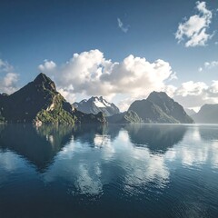 Serene scene with majestic mountains mirrored in tranquil water under a blue sky dotted with puffy clouds. A captivating natural vista