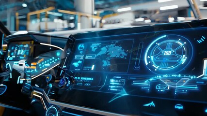 Explore a futuristic car dashboard showcasing advanced technology with multiple screens, interactive controls, and a sleek design. Ideal for automotive innovation themes. - Powered by Adobe