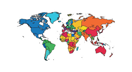 Obraz premium Colorful world map illustration showing geographical diversity and global interconnectedness perfect for educational materials or travel industry branding.