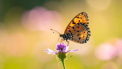 Obraz premium Close-up of an orange and black butterfly perched on a purple flower with blurred background