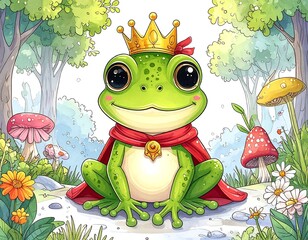 Adorable cartoon frog wearing a crown and cape in a whimsical forest