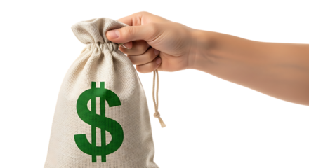 Hand holding a money bag with dollar sign isolated on transparent background