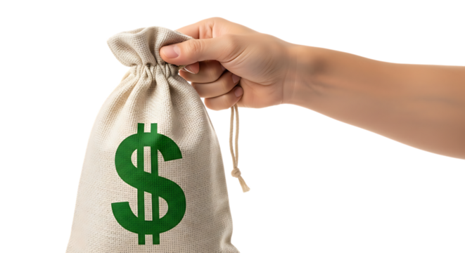 Hand holding a money bag with dollar sign isolated on transparent background
