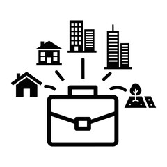 Monochrome Flat Design Icon of Briefcase and Diverse Property Assets