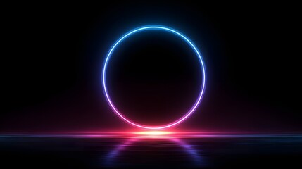 Obraz premium Glowing neon circle reflects on dark surface with light streaks.