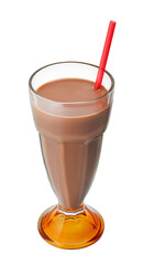 chocolate milkshake in cocktail glass with straw isolated on white background