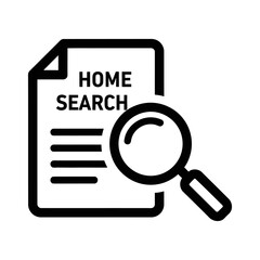 Black Line Art Icon Document Magnifying Glass Home Search on White