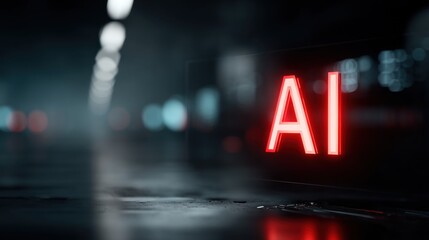 A futuristic setting featuring a glowing "AI" sign, highlighting the theme of artificial intelligence in a dimly lit environment.