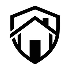 Minimalist Monochrome House Icon within Shield Design on White