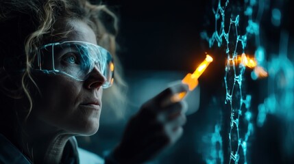 A focused scientist examines data on a digital interface, using a glowing tool, showcasing innovation and research in a high-tech environment.