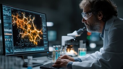 A scientist analyzes molecular structures on a computer screen in a laboratory, showcasing advanced technology and research.
