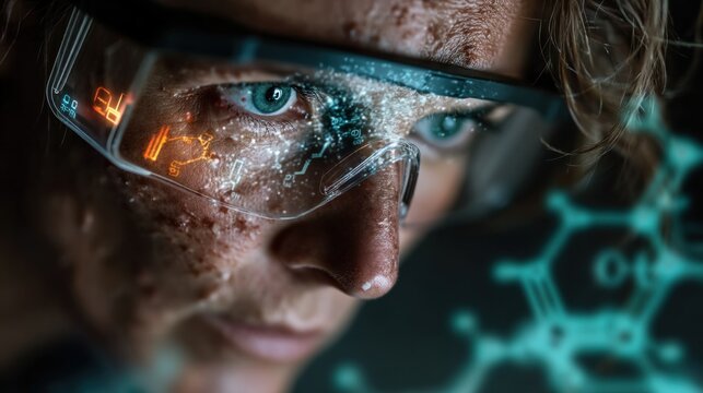A close-up of a person wearing futuristic glasses, displaying digital data and scientific visuals, reflecting a blend of technology and human expression.