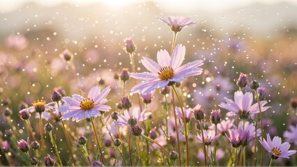 Obraz premium Delicate purple flowers bathed in sunlight, adorned with glistening water droplets creating a magical, ethereal meadow scene.