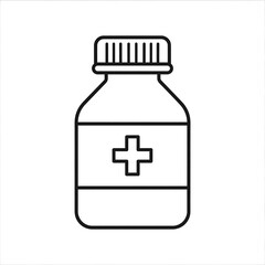 Simple black and white illustration of a medicine bottle with a cross symbol on the label, ready for medical use
