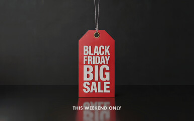 A minimalist promotional image for a Black Friday sale on a dark gray background. A bright red paper tag with a string hangs from the top of the image. 