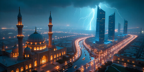 modern city with empty road and skyscrapers in the evening