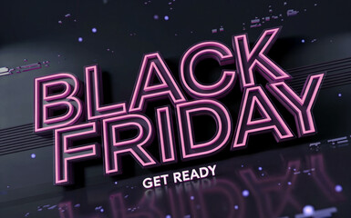 A digital marketing banner for Black Friday sales with a dark background featuring a neon pink "BLACK FRIDAY" text in a 3D, outlined style. 