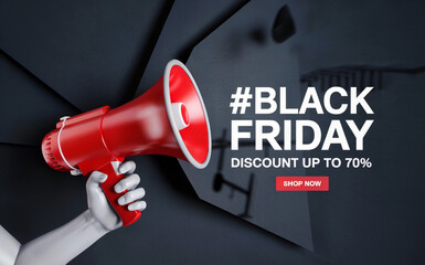 A promotional Black Friday advertisement banner with a dark gray background. On the left side, there is a 3D rendered hand holding a bright red megaphone at an angle. 