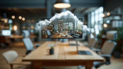 A modern office setting featuring a computer monitor displaying a cozy room surrounded by clouds, blending technology and comfort.
