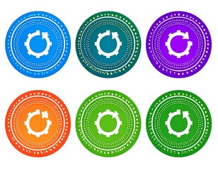Six colorful round illustrations, each with a cogwheel and curved arrow, surrounded by dotted borders. Different bright color themes