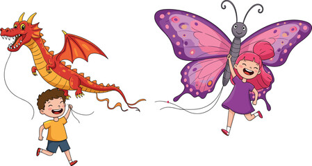 Cartoon vector illustration of children flying colorful dragon and butterfly kites outdoors, playful activity, fun, imagination, childhood, lifestyle, and celebration