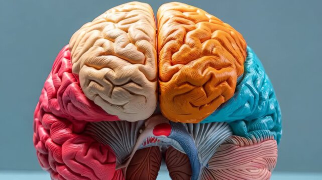 A vibrant brain model illustrating the complexity of human cognition and anatomy. Ideal for educational purposes or science-related projects focused on neuroscience and learning.
