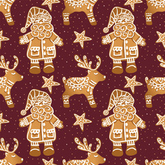 Seamless Christmas Pattern with Gingerbread Santa, Reindeer and Stars on Burgundy Background