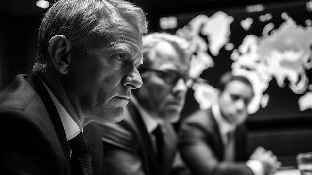 Executive Team Monitoring Volatile Stock and Cryptocurrency Charts in Modern Boardroom