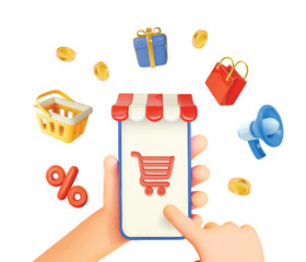 Hand holding smartphone and purchase online on mobile app store banner design. Paying and shopping with phone illustration concept. Business, Digital marketing social media 3d vector.