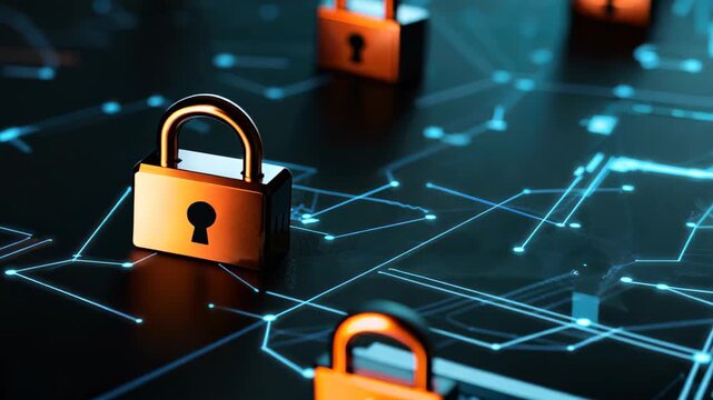 A close-up view of digital locks illuminated by a futuristic background, symbolizing data protection and online security in the modern technology landscape. - Powered by Adobe