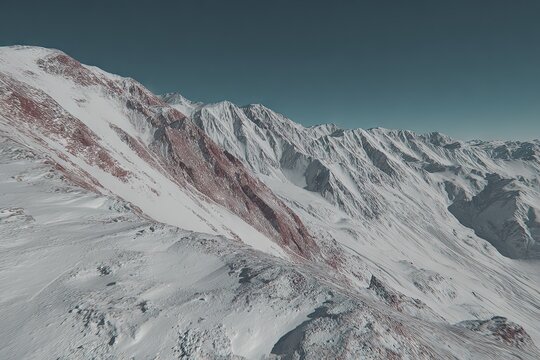 Snowy mountains show red patches against a clear blue sky