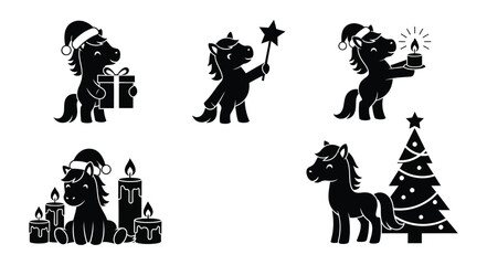 Naklejka premium Christmas Pony Vector Graphics: Cute Black & White Pony Illustrations with Santa Hat, Gifts, Candles & Christmas Tree for Holiday Designs
