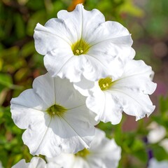 Obraz premium Close-up of pristine white petunia blooms with yellow centers and ruffled edges, a bright, sunny day