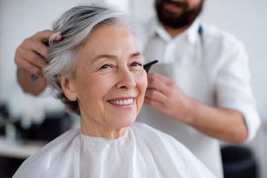 Elderly woman 86 years old wearing hair cape, getting hair cut by professional stylist in white bright studio, pro lighting, happy, peaceful smile, photography for senior stylists