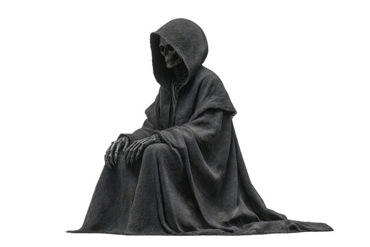 Grim Reaper skeleton cloaked, hooded, seated