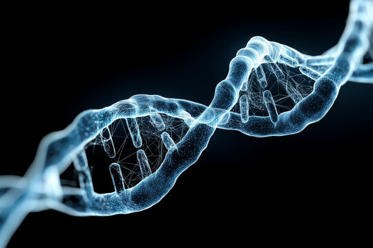 A single glowing DNA double helix made of flowing cyber data streams and digital light particles, representing the fusion of AI technology and medical science. The data flows dynam