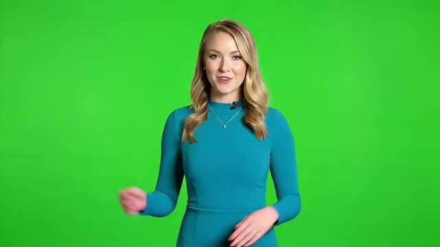 Confident young woman speaking and gesturing on a green screen background, ideal for compositing and presentations