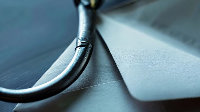 A fishing hook is prominently attached to an open envelope resting on a wooden surface, symbolizing the concept of phishing in the digital age.